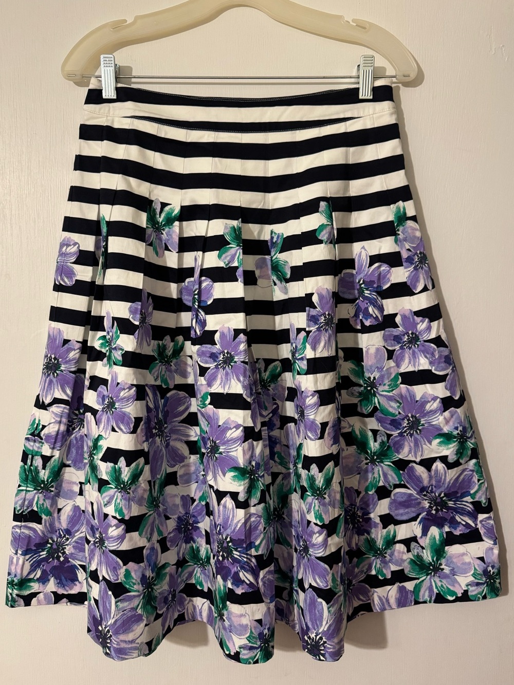 Talbots Black & White Striped A-Line Skirt with Purple Floral Print